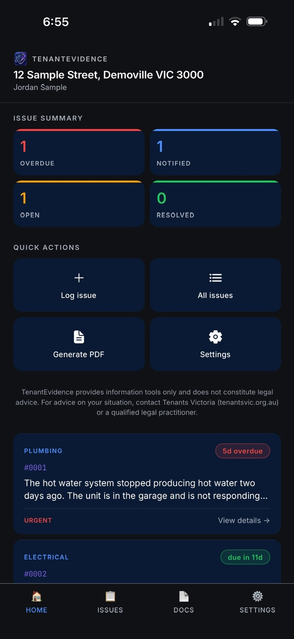 TenantEvidence dashboard showing issue summary and quick actions