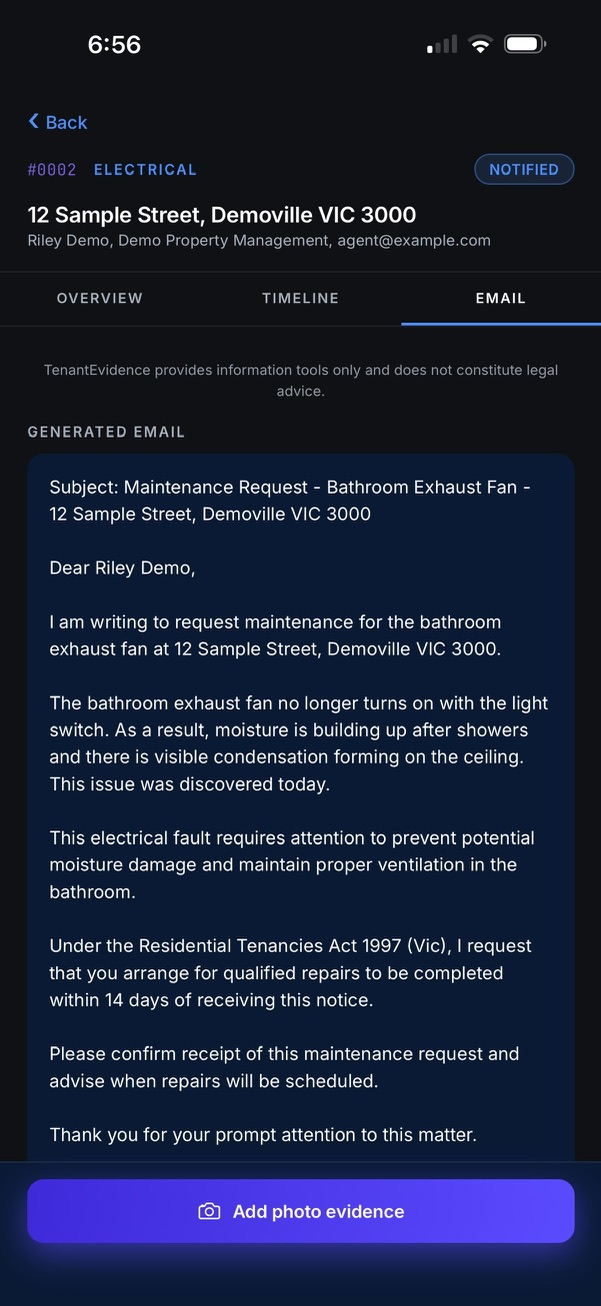AI-generated maintenance-request email with statute citation